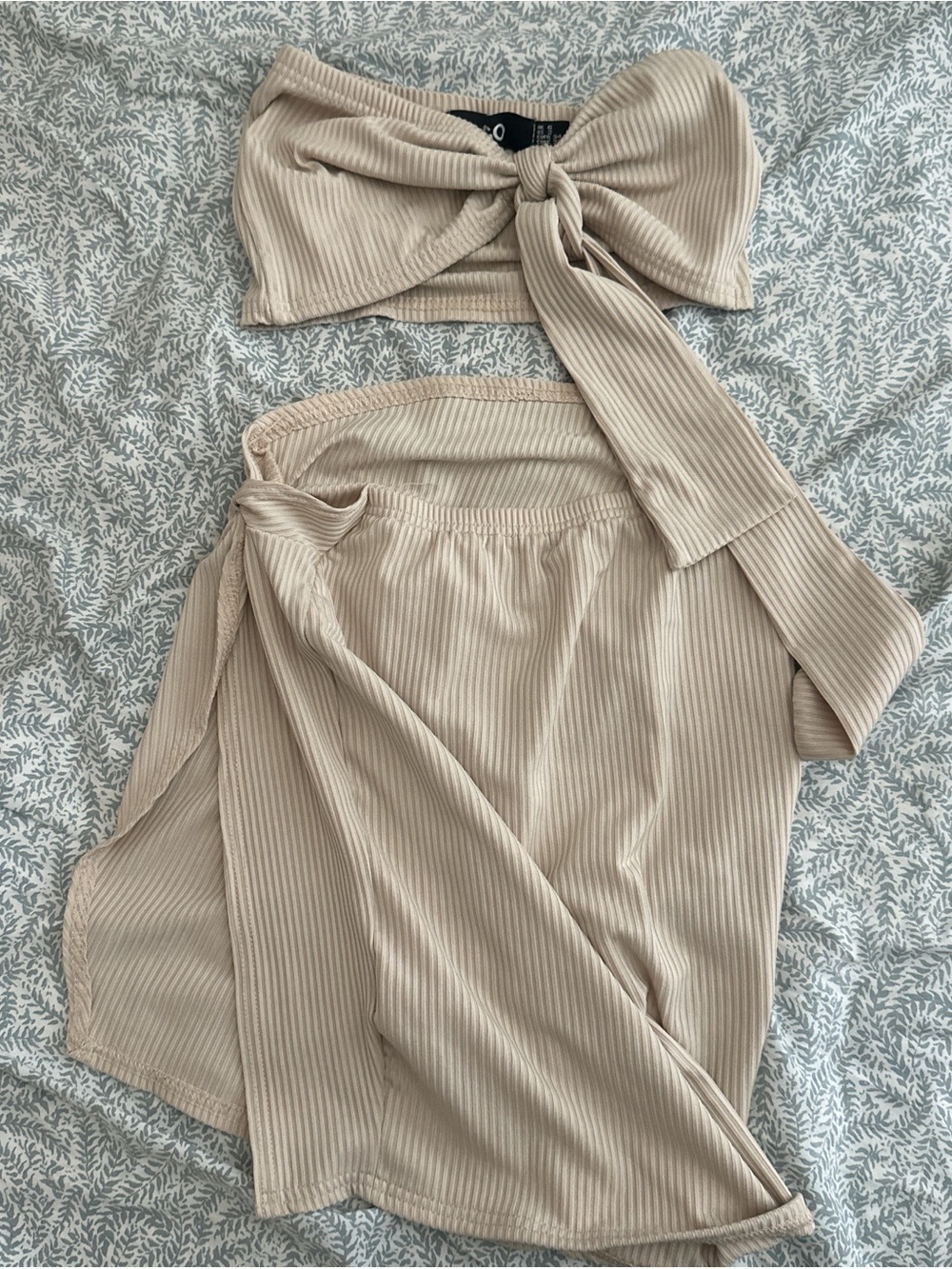 Beige Rib-Knit Bow Bandeau Set